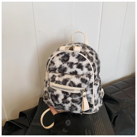 Mini Zaino da Donna con Stampa Leopardata in Peluche e Finiture in Pelle PU Zainetto in Ecopelliccia per Viaggi