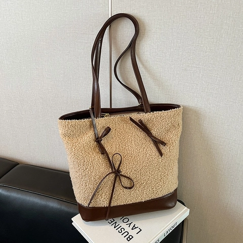 Borsa a Spalla da Donna in Lana d'Agnello Sintetica Invernale Borsa Patchwork con Fiocco Grande Capacità Borsa a Tracolla Urban Simple