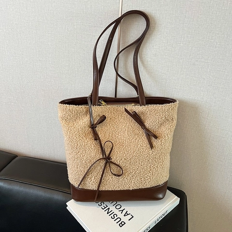 Borsa a Spalla da Donna in Lana d'Agnello Sintetica Invernale Borsa Patchwork con Fiocco Grande Capacità Borsa a Tracolla Urban Simple