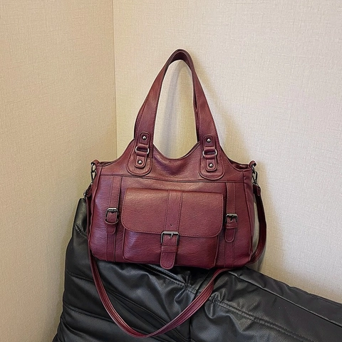 Retro Damen Schultertasche Mit Großer Kapazität Aus PU-Leder Urban Minimalistische Tote Bag Mit Schnalle Trendige Pendlerhandtasche