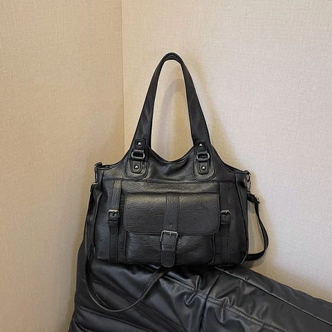 Retro Damen Schultertasche Mit Großer Kapazität Aus PU-Leder Urban Minimalistische Tote Bag Mit Schnalle Trendige Pendlerhandtasche