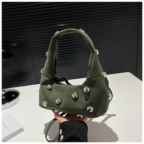 Borsa da Sottobraccio in Camoscio Design di Nicchia per Donna Moda Borchie Argento Borsa a Tracolla Hobo a Mezzaluna Y2K Punk