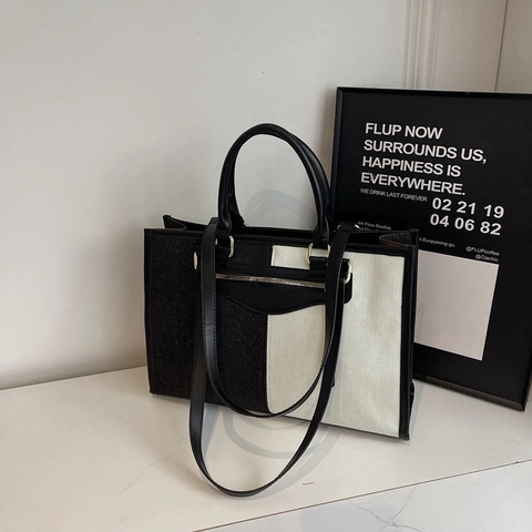 Bolso Tote de Mezclilla Patchwork para Mujer Moda Coreana Gran Capacidad Color en Contraste Bolso de Hombro Casual con Cremallera