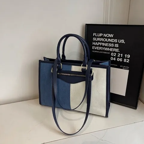 Bolso Tote de Mezclilla Patchwork para Mujer Moda Coreana Gran Capacidad Color en Contraste Bolso de Hombro Casual con Cremallera