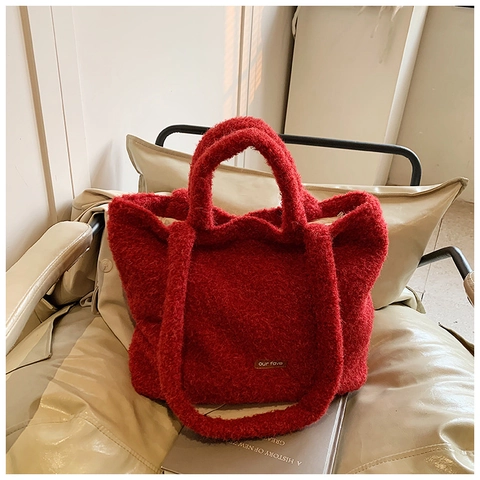 Women's Soft Fuzzy Sherpa Tote Bag Large Capacity Plush Shoulder Bag Casual Solid Color Handbag For Autumn Winter Commuting