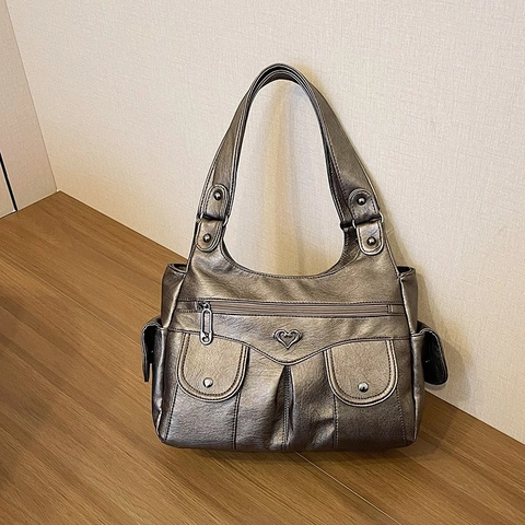 Borsa a Tracolla da Donna in Pelle PU Vintage Grande Capacità Retrò con Decorazione a Cuore Multitasche Borsa a Mano Hobo