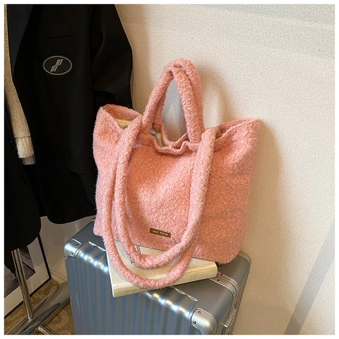 Women's Soft Fuzzy Sherpa Tote Bag Large Capacity Plush Shoulder Bag Casual Solid Color Handbag For Autumn Winter Commuting
