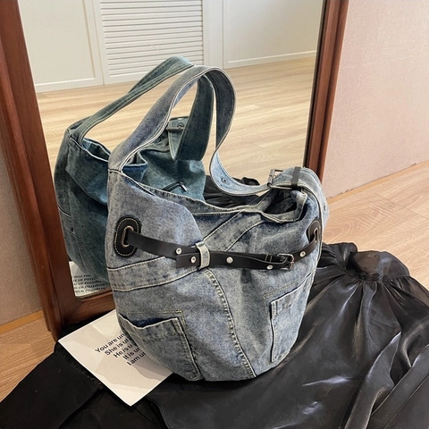 Vintage Πλυμένη Denim Τσάντα Ώμου Μεγάλης Χωρητικότητας Retro Hobo Tote Τσάντα Με Ρυθμιζόμενο Δερμάτινο Λουρί Casual