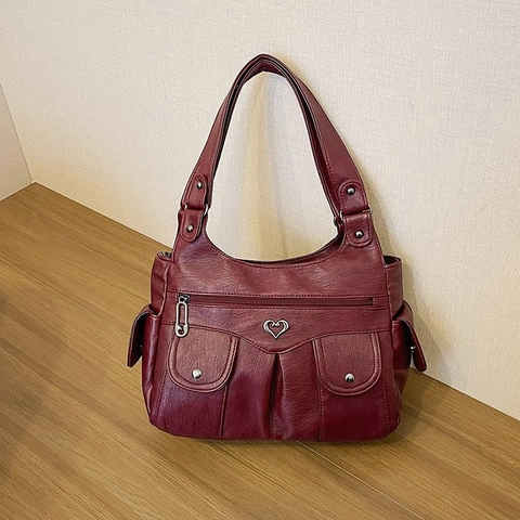 Borsa a Tracolla da Donna in Pelle PU Vintage Grande Capacità Retrò con Decorazione a Cuore Multitasche Borsa a Mano Hobo