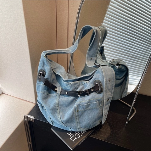 Vintage Πλυμένη Denim Τσάντα Ώμου Μεγάλης Χωρητικότητας Retro Hobo Tote Τσάντα Με Ρυθμιζόμενο Δερμάτινο Λουρί Casual