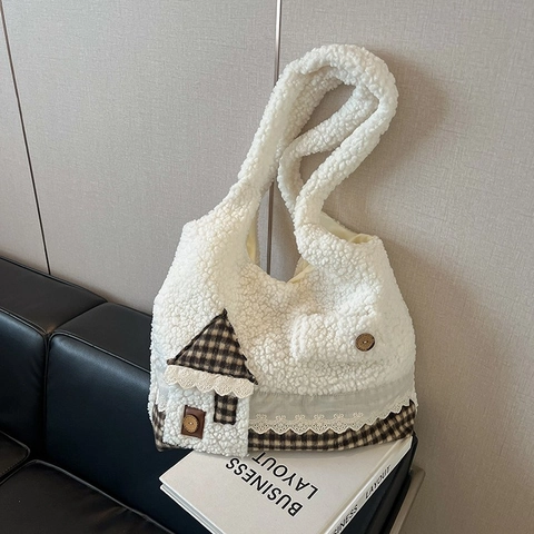 Borsa Tote da Donna in Peluche Sherpa Grande Capacità Borsa a Tracolla Con Patchwork a Casa Bordo in Pizzo Autunno Inverno