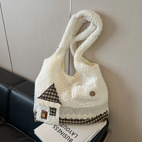 Borsa Tote da Donna in Peluche Sherpa Grande Capacità Borsa a Tracolla Con Patchwork a Casa Bordo in Pizzo Autunno Inverno