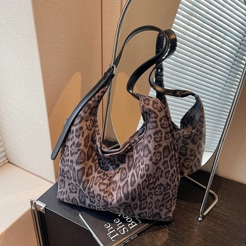 Women's Vintage Leopard Print Suede Hobo Tote Bag Large Capacity Urban Minimalist Shoulder Bag Underarm Bag For Daily Use