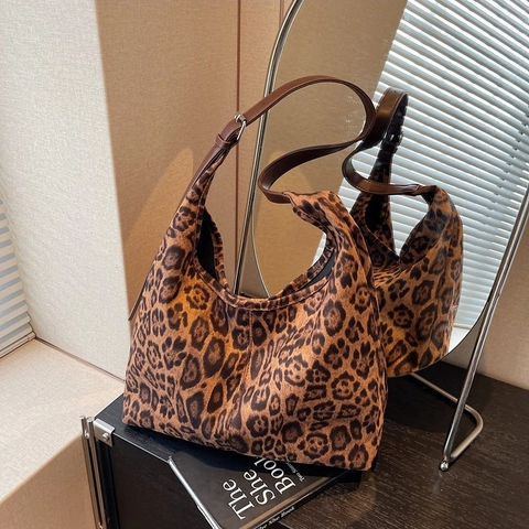Women's Vintage Leopard Print Suede Hobo Tote Bag Large Capacity Urban Minimalist Shoulder Bag Underarm Bag For Daily Use