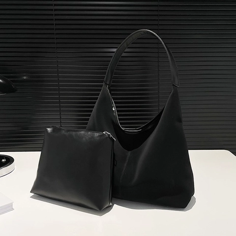 Large Capacity Women's PU Leather Hobo Tote Bag Set With Pouch Simple Solid Color Shoulder Handbag For Everyday Commute