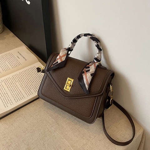Dames Litchi Patroon PU Leer Schoudertas Retro Contrast Handtas Met Satijnen Sjaal Gouden Draaislot Kleine Tas