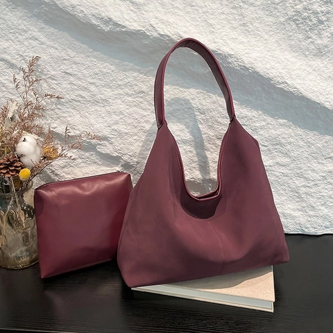 Large Capacity Women's PU Leather Hobo Tote Bag Set With Pouch Simple Solid Color Shoulder Handbag For Everyday Commute