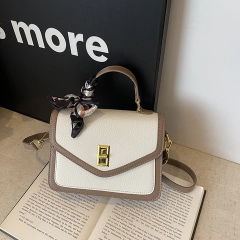 Dames Litchi Patroon PU Leer Schoudertas Retro Contrast Handtas Met Satijnen Sjaal Gouden Draaislot Kleine Tas