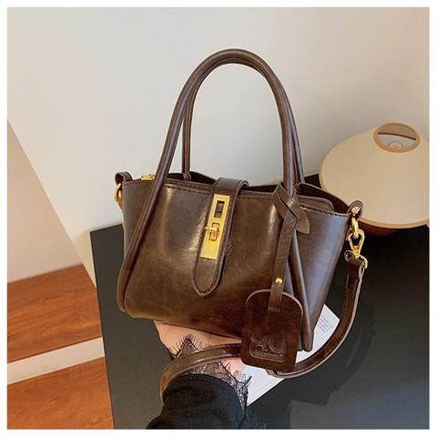 Retro Women PU Leather Shoulder Bag Fashion Solid Color Tote Crossbody Bag With Gold Metal Lock Rectangular Handbag