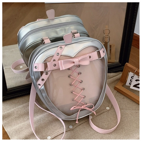 Herzform Ita Tasche Mit Transparentem Fenster Für Damen Kawaii PU Leder Rucksack Mit Schleife Dekoration Gothic Stil Tasche