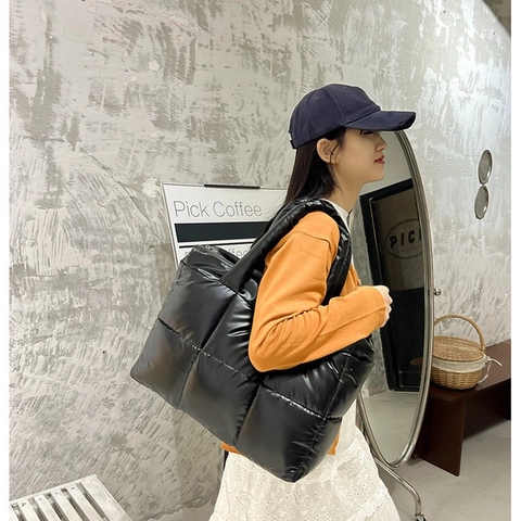 Women Large Puffer Tote Bag Quilted Padded Nylon Shoulder Bag Fashion Metallic Silver Black White Handbag Casual Work Shopper Bag