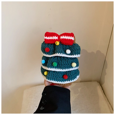 Sac Bandoulière Tricoté en Forme de Sapin de Noël au Crochet avec Pompons Colorés Sac de Téléphone Portable Festif pour Femme