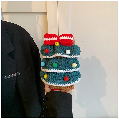 Sac Bandoulière Tricoté en Forme de Sapin de Noël au Crochet avec Pompons Colorés Sac de Téléphone Portable Festif pour Femme