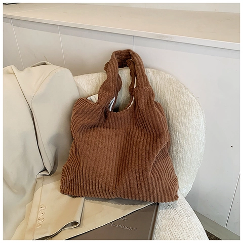Large Capacity Corduroy Tote Bag Ribbed Urban Style Solid Color Shoulder Bag For Women Daily Commute Versatile Leisure Bag