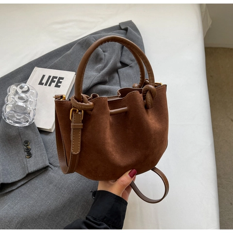 Vintage Wildleder Eimertasche Für Damen PU Leder Knoten Dekor Umhängetasche Herbst Winter Mode Handtasche Geldbörse