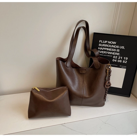 Minimalist PU Leather Tote Bag For Women Large Capacity Shoulder Bag With Sub Bag Commuter Solid Color Fashion Handbag
