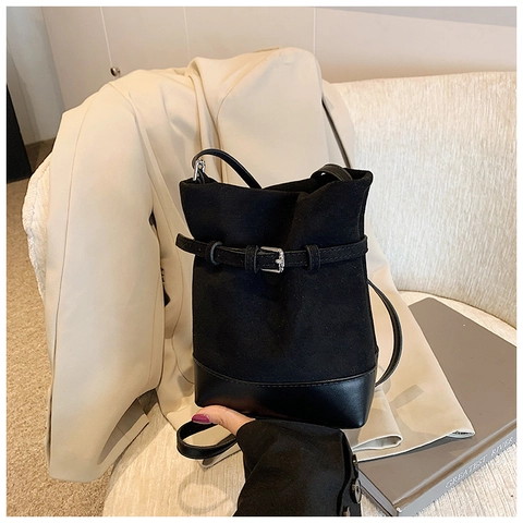Vintage Frosted PU Patchwork Bucket Bag For Women Fashion Street Casual Shoulder Crossbody Bag With Belt Buckle Decor Solid Color Trendy Purse