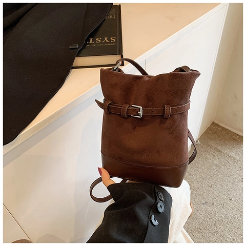 Vintage Frosted PU Patchwork Bucket Bag For Women Fashion Street Casual Shoulder Crossbody Bag With Belt Buckle Decor Solid Color Trendy Purse