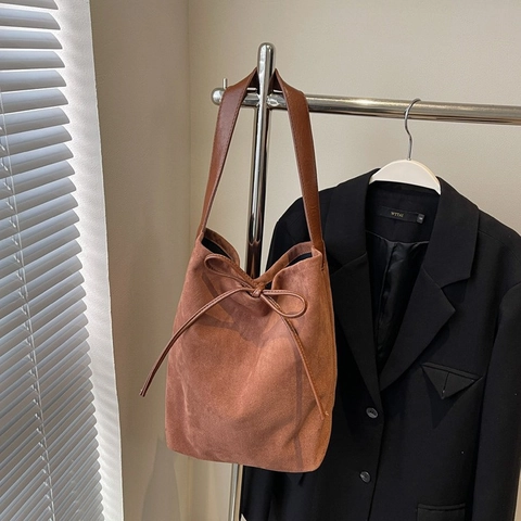 Damen PU-Leder Eimer-Umhängetasche Vintage Große Tote Bag mit Schleifen-Dekoration und Kordelzug für den Täglichen Büroalltag