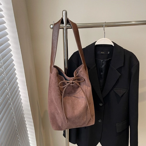 Damen PU-Leder Eimer-Umhängetasche Vintage Große Tote Bag mit Schleifen-Dekoration und Kordelzug für den Täglichen Büroalltag
