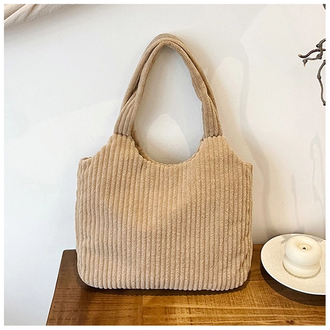 Sac Tote en Velours Côtelé pour Femmes Grande Capacité Sac à Épaule Rayures Verticales Sac à Main pour Trajet Quotidien