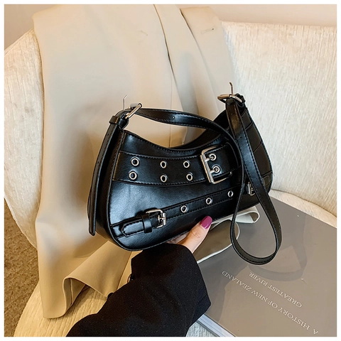 Borsa a Spalla da Donna in Pelle PU Retro Stile Y2K Punk Occhielli in Metallo Fibbia Decorativa Hobo Sottobraccio Moda Quotidiana