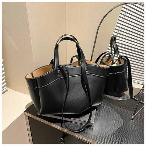 Women Large Capacity PU Leather Tote Bag Fashion Contrast Stitching Shoulder Bag Commuter Handbag With Double Handles And Long Strap