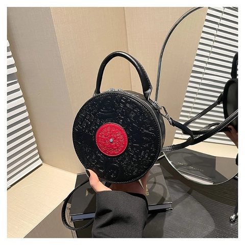 Sac à Main Rond Créatif en Forme de Disque Vinyle Cuir PU Éléments Musicaux Gaufré Sac à Bandoulière Circulaire