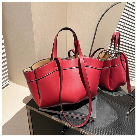 Women Large Capacity PU Leather Tote Bag Fashion Contrast Stitching Shoulder Bag Commuter Handbag With Double Handles And Long Strap