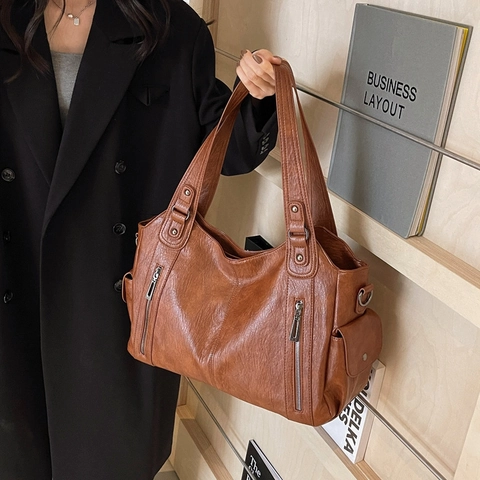 Bolso Tote de Cuero PU para Mujer de Gran Capacidad Retro Multi Bolsillo Bolso de Hombro Versátil Color Sólido Bolso de Mano