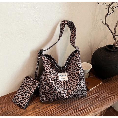 Bolso De Hombro De Lona Con Estampado De Leopardo Para Mujer Bolso Tote De Gran Capacidad Con Bolsa Pequeña Bolso Bandolera Retro Moda Bolso De Viaje Para Viajeros