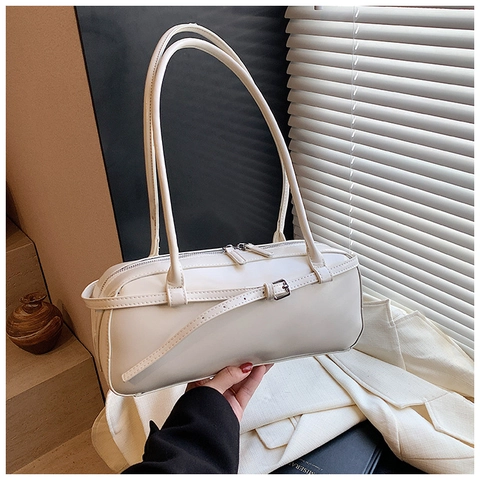 Vintage Glossy Patent PU Leather Underarm Shoulder Bag For Women Retro Solid Color Rectangular Baguette Bag With Metal Belt Buckle Commute Handbag