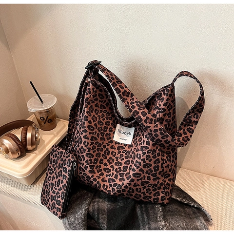 Bolso De Hombro De Lona Con Estampado De Leopardo Para Mujer Bolso Tote De Gran Capacidad Con Bolsa Pequeña Bolso Bandolera Retro Moda Bolso De Viaje Para Viajeros