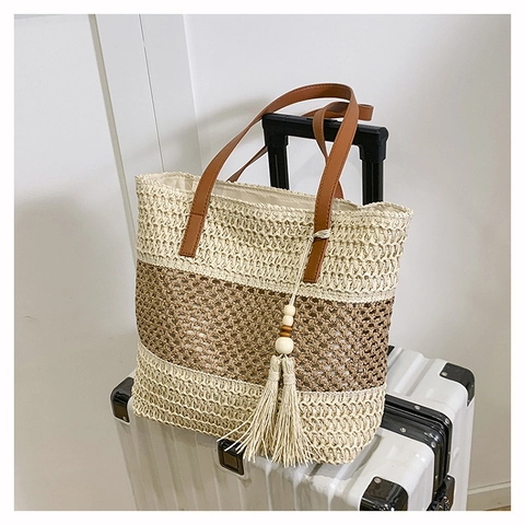 Borsa Tote in Paglia Intrecciata Donna Grande Capacità Strisce a Contrasto Borsa a Tracolla Spiaggia Estate con Ciondolo Nappa