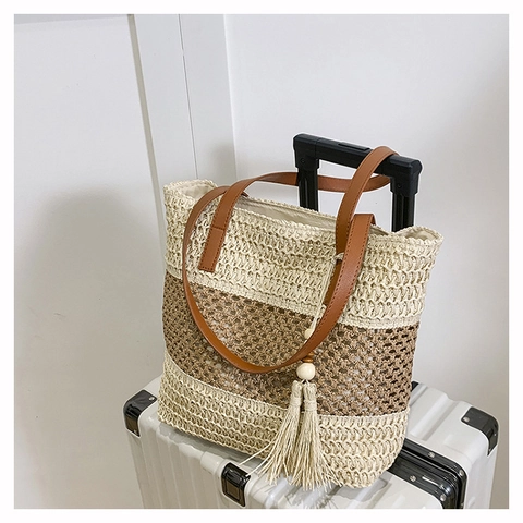 Borsa Tote in Paglia Intrecciata Donna Grande Capacità Strisce a Contrasto Borsa a Tracolla Spiaggia Estate con Ciondolo Nappa