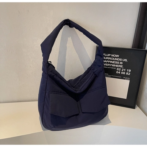 Women Large Capacity Puffer Shoulder Bag Quilted Polyester Tote Bag With Double Front Pockets Casual Hobo Crossbody Bag