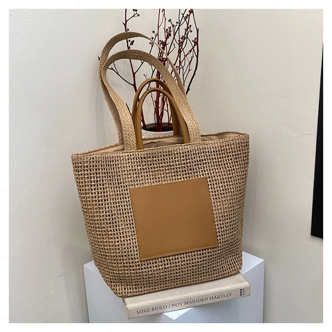 Women's Large Capacity Straw Woven Tote Bag Summer Beach Vacation Shoulder Bag Minimalist Commuter Handbag Solid Color Travel Bag