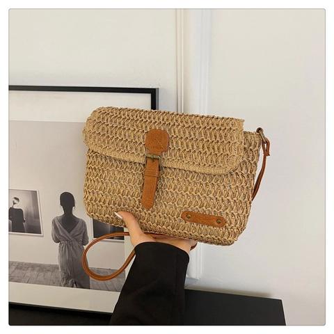 Vintage Damen Stroh Geflochtene Umhängetasche Sommer Strand Schultertasche Mit Leder Schnalle Bohemian Lässige Handtasche