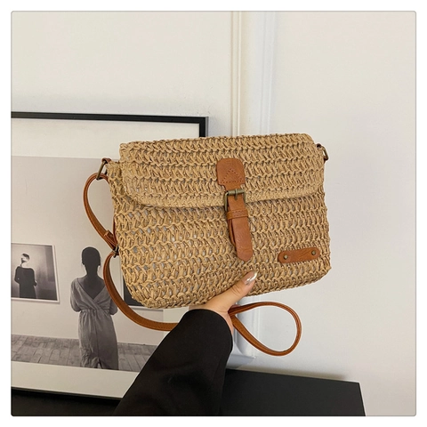 Vintage Damen Stroh Geflochtene Umhängetasche Sommer Strand Schultertasche Mit Leder Schnalle Bohemian Lässige Handtasche