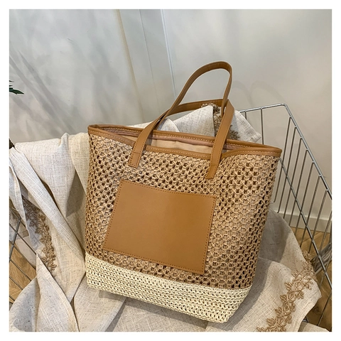 Strovlechtwerk Tote Bag Papieren Touw Opengewerkte Schoudertas Voor Dames Grote Capaciteit Zomer Strand Vakantie Handtas